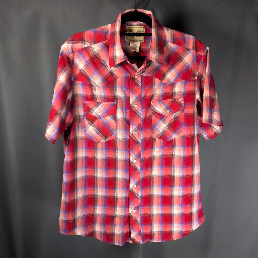 Wrangler Western Shirts Women's Short Sleeve Plaid Red Pearl Snap Top Large